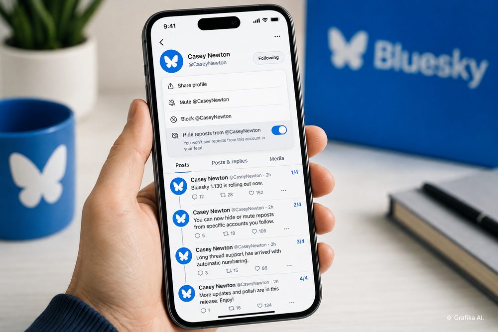 Bluesky pozwala wyciszyć same reposty wybranej osoby bez przestawania jej obserwować — w wersji 1.130 pojawiło się też automatyczne numerowanie długich wątków