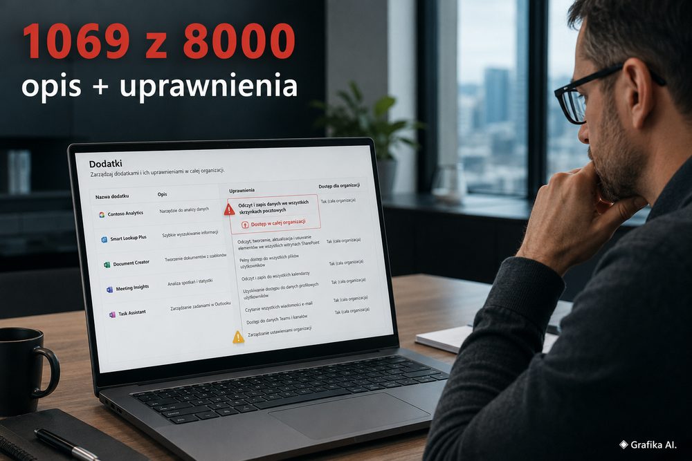 Microsoft 365 ma problem z przejrzystością dodatków – tylko 1069 z ponad 8000 przebadanych aplikacji publicznie pokazuje jednocześnie opis i wymagane uprawnienia, a część żąda dostępu do danych całej organizacji
