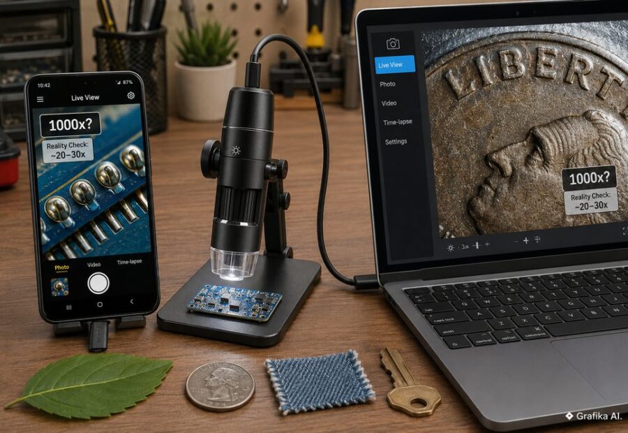 Przenośny mikroskop cyfrowy USB-C: co można sprawdzać nim w elektronice, monetach, roślinach i przedmiotach codziennych oraz dlaczego deklarowane powiększenie 1000x często niewiele znaczy