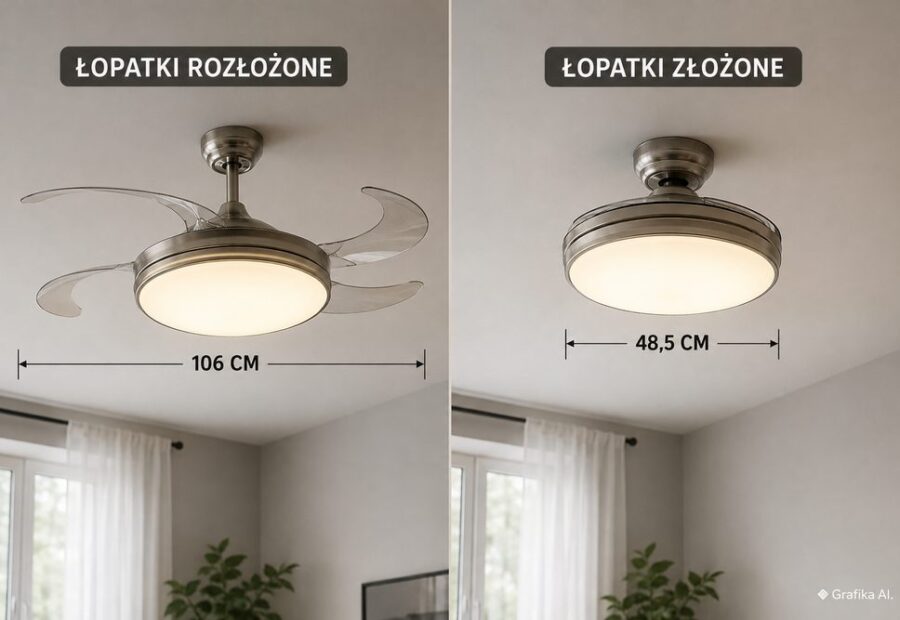 Wentylator sufitowy z chowanymi łopatkami: jak działa mechanizm wysuwania, ile miejsca zajmuje po złożeniu i czym taki wentylator z lampą różni się od klasycznego modelu